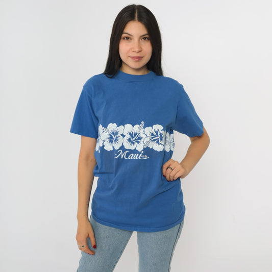 90s Maui Hawaii Hibiscus Graphic T-Shirt Blue Hanes Beefy-T Small