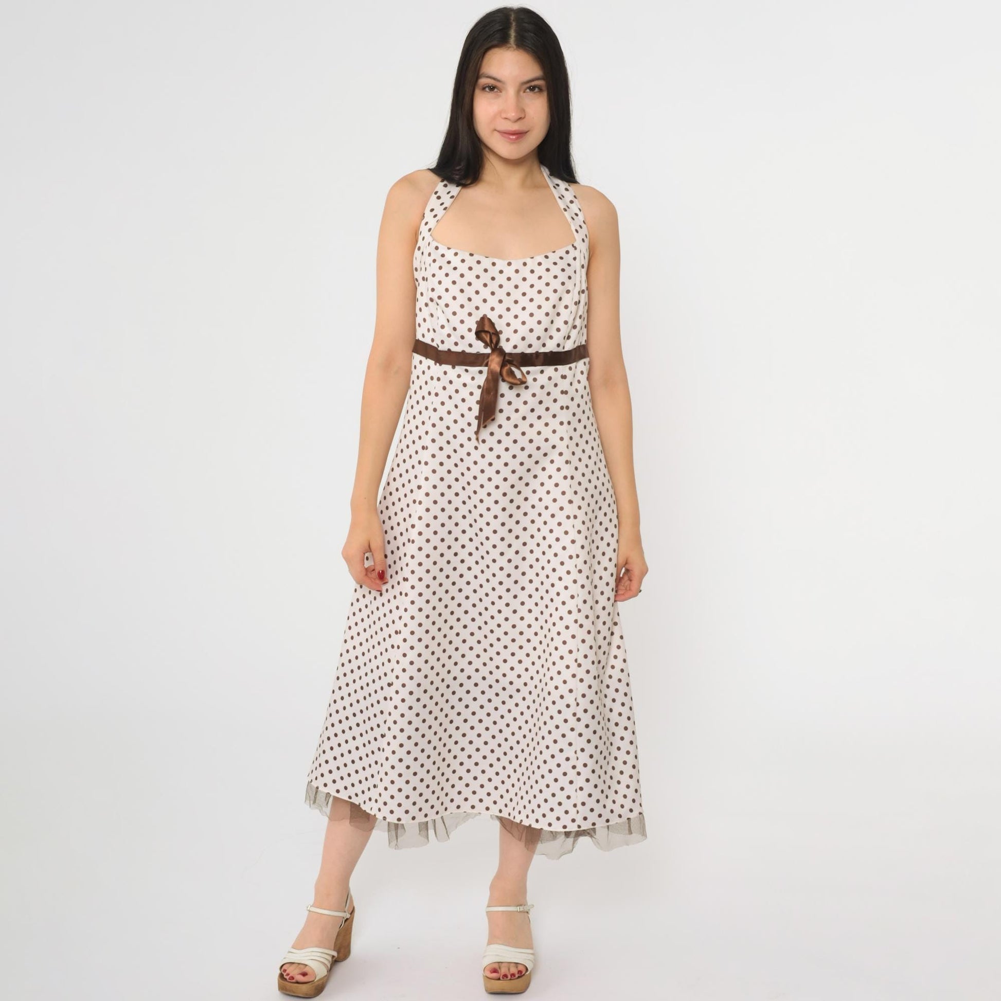 Y2K White Polka Dot Halter Midi Dress Brown Ribbon Bow Empire Waist Large 14