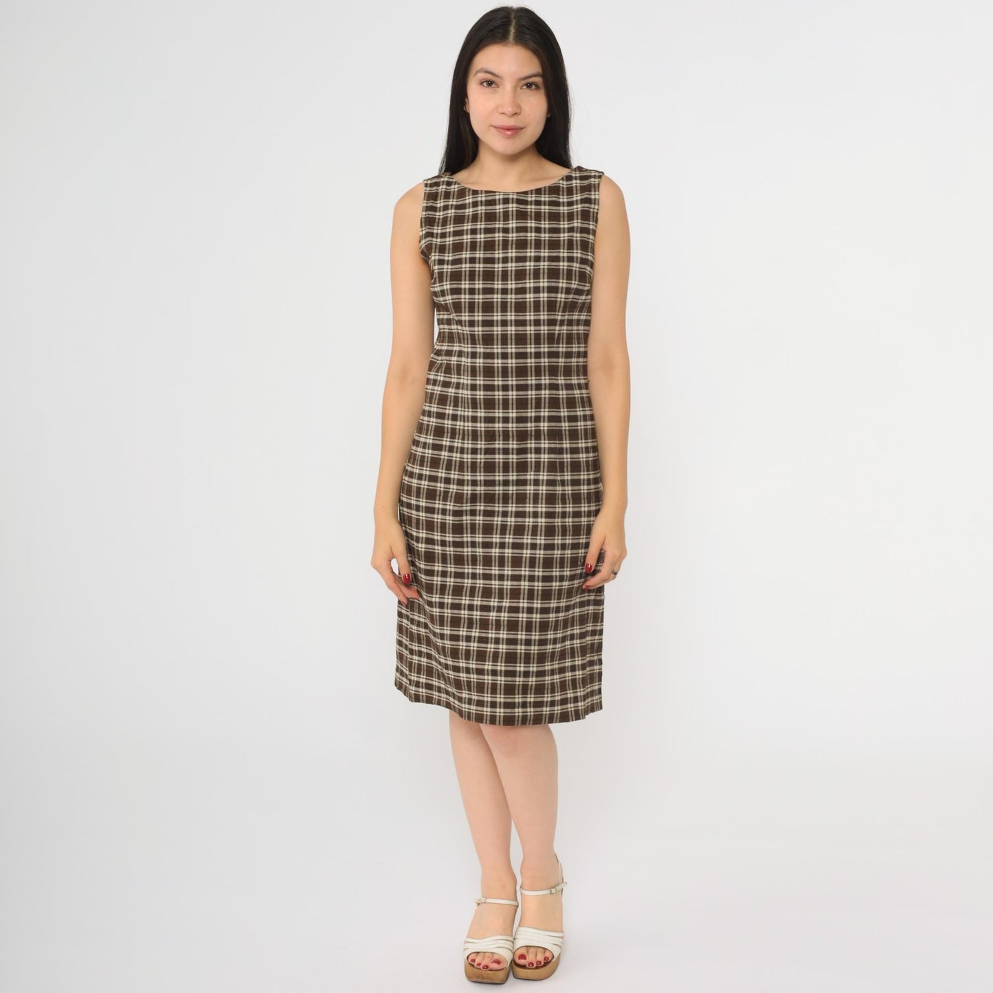 Y2K Brown Plaid Sheath Dress Sleeveless Scoop Back Knee Length Small 5