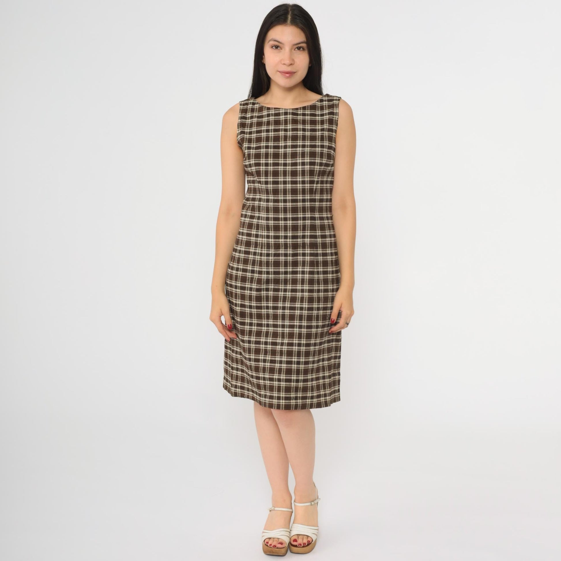 Y2K Brown Plaid Sheath Dress Sleeveless Scoop Back Knee Length Small 5