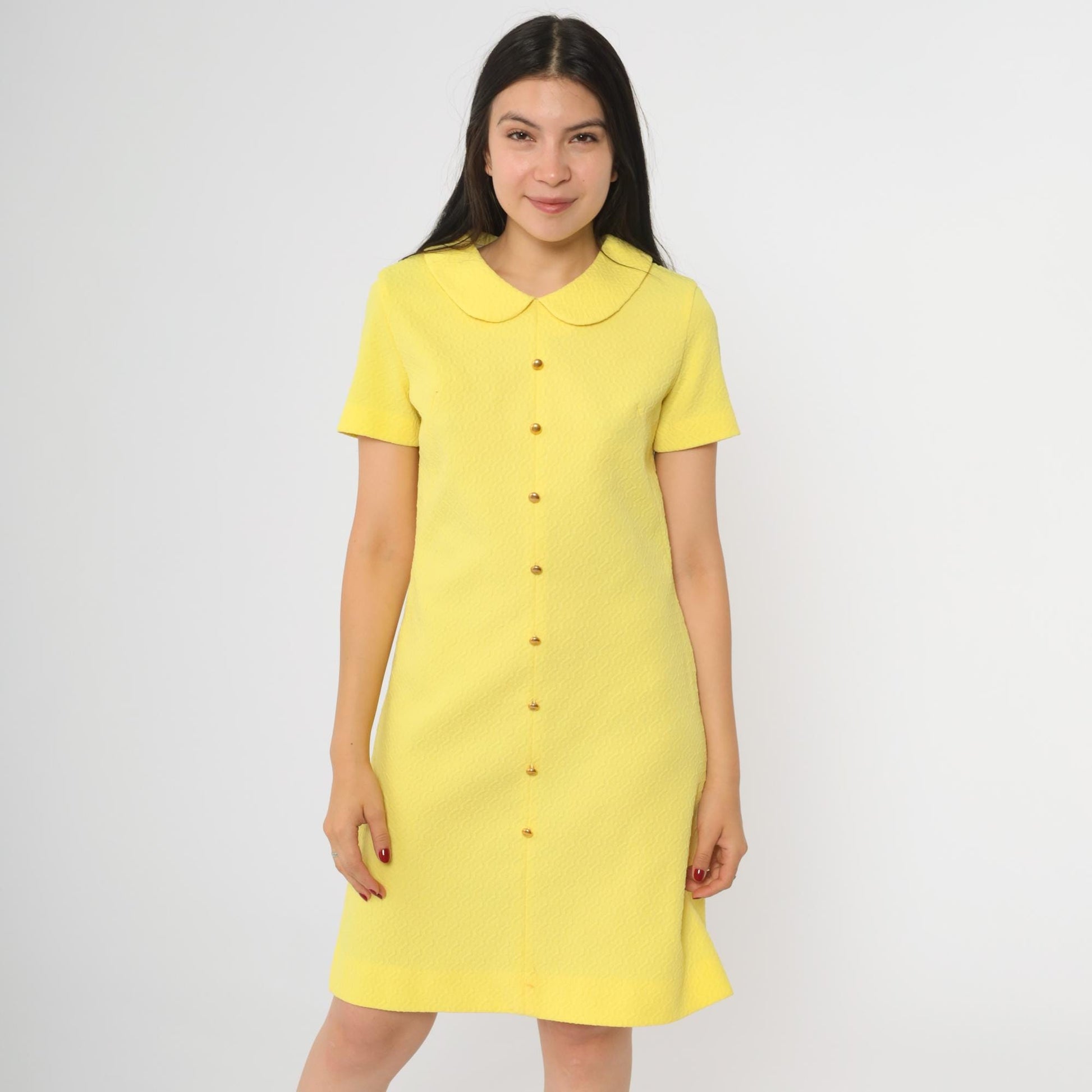 60s Yellow Shift Dress Peter Pan Collar Mini Length Short Sleeve Small