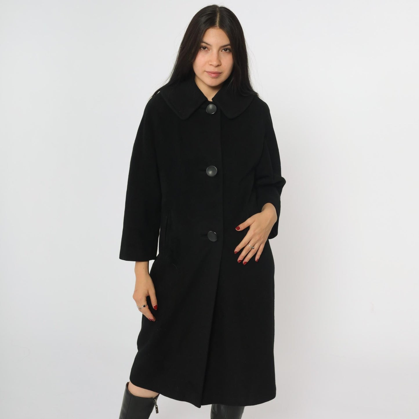 1950s Couture Americana Black Cashmere Swing Coat Midi Small Medium