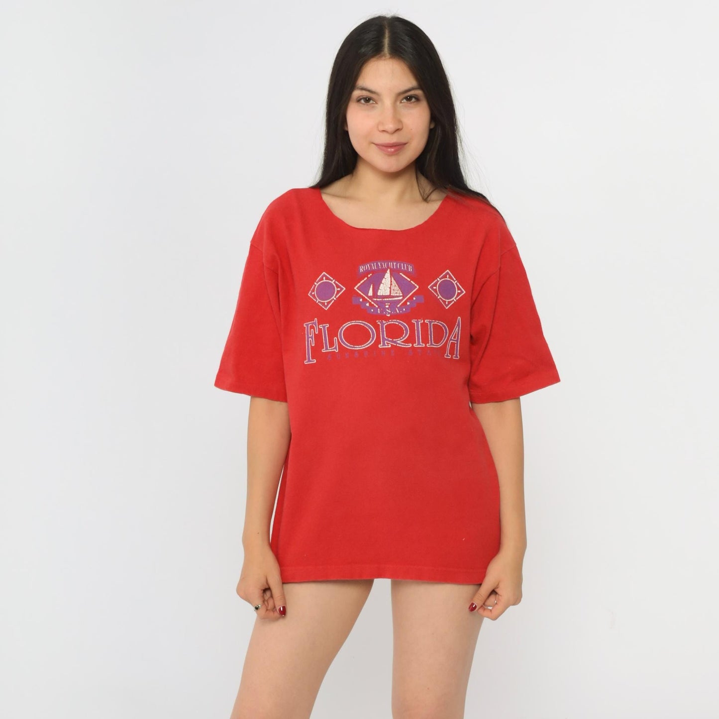 90s Florida Yacht Club Graphic Tee Red Cutoff Neckline Small S