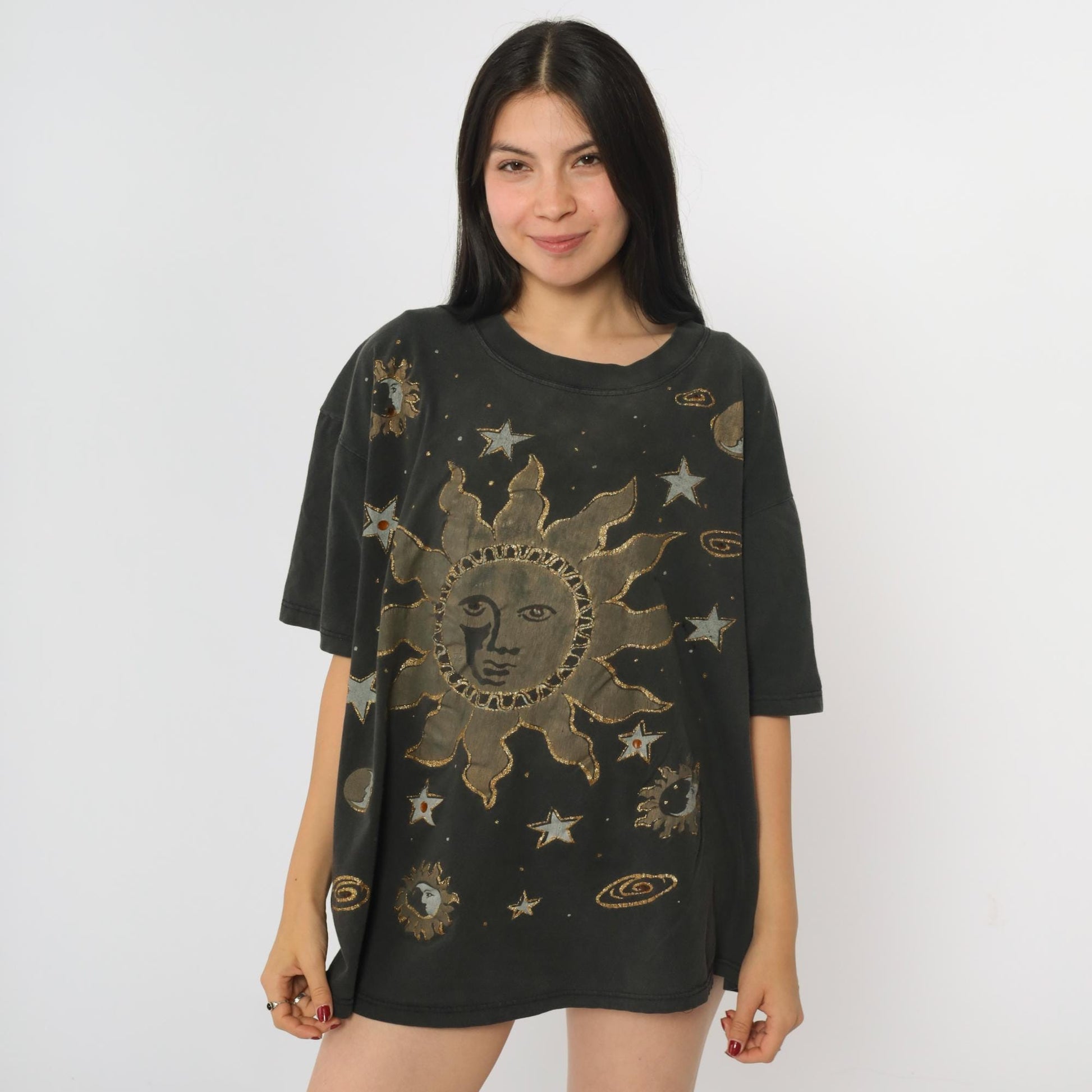90s Celestial Sun Moon Graphic T-Shirt Metallic Gold Silver Beaded One Size
