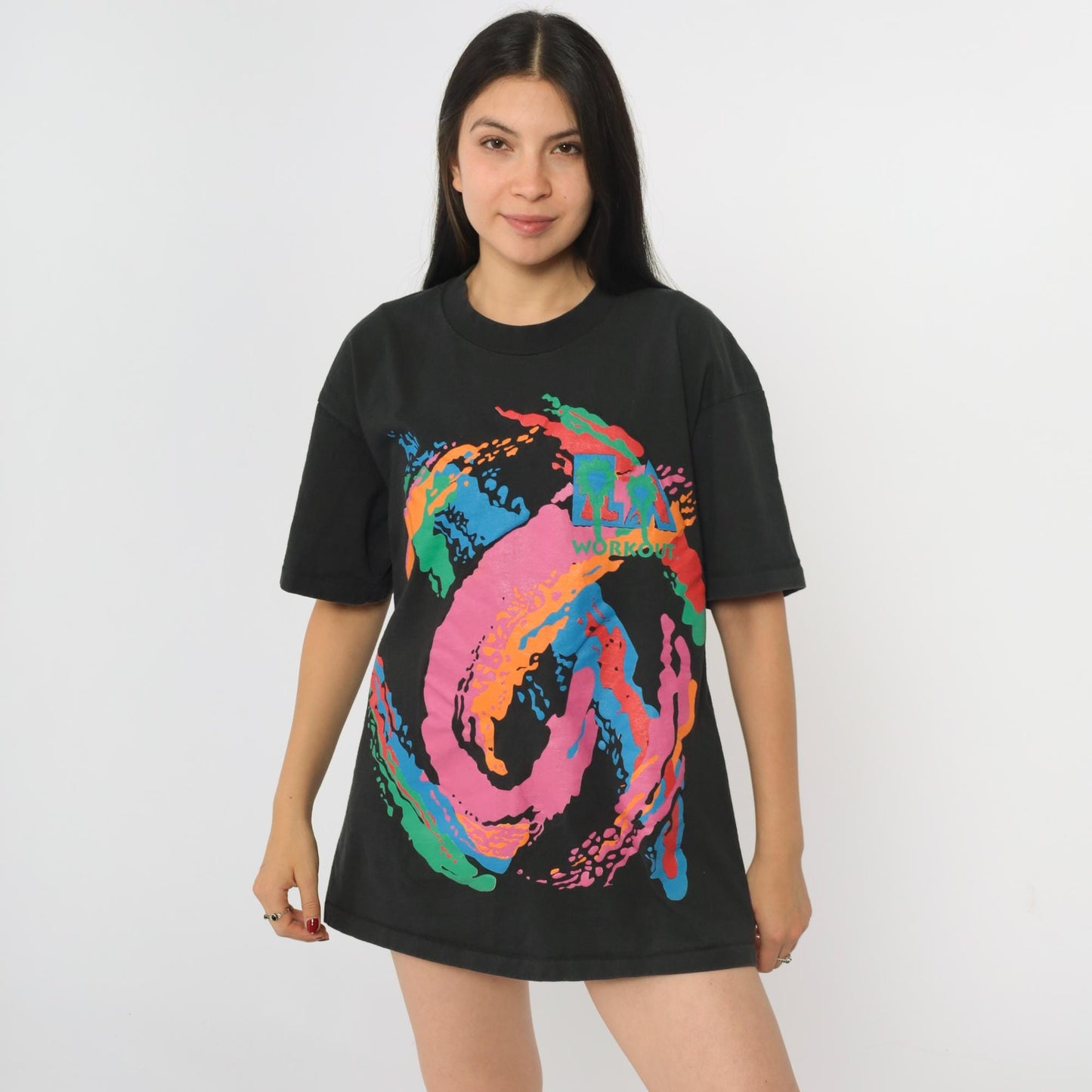 90s LA Workout T-Shirt Black Palm Tree Graphic Anvil Cotton Medium