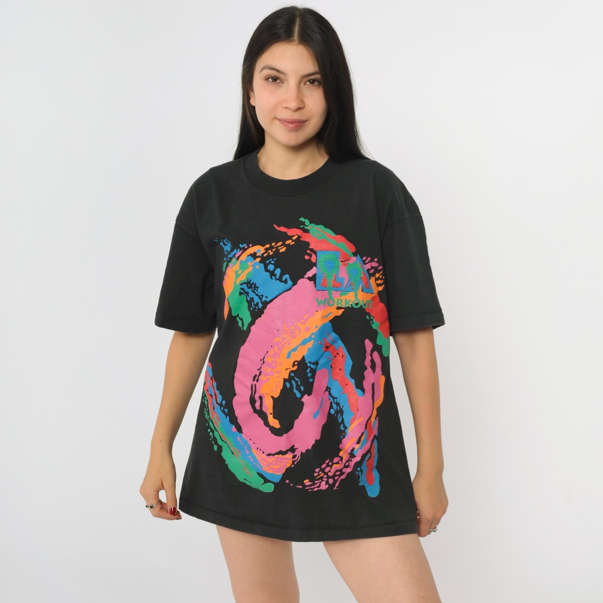 90s LA Workout T-Shirt Black Palm Tree Graphic Anvil Cotton Medium
