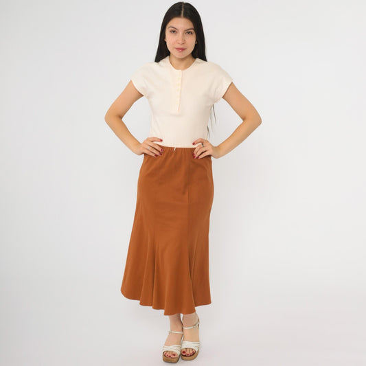 80s Cream Burnt Orange Knit Midi Shirtdress Button Up Cap Sleeve Extra Small