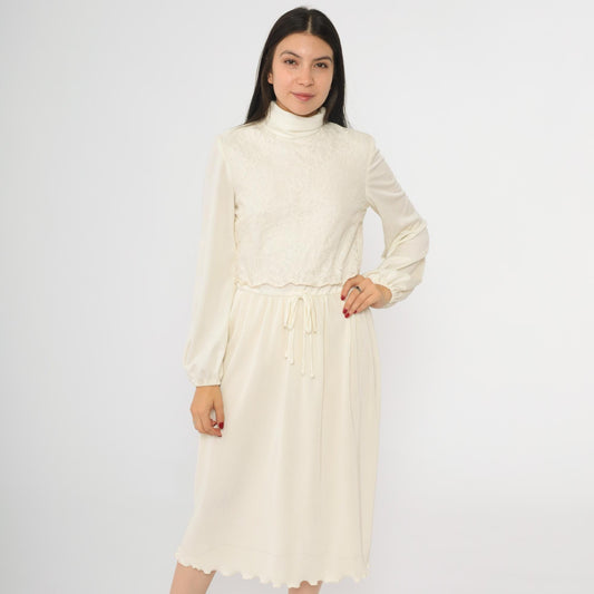 70s Cream Lace Midi Dress Turtleneck Pleated High Waist Long Sleeve Small S