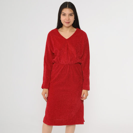 70s Red Terrycloth Midi Dress Dolman Sleeve V-Neck High Waist Small S