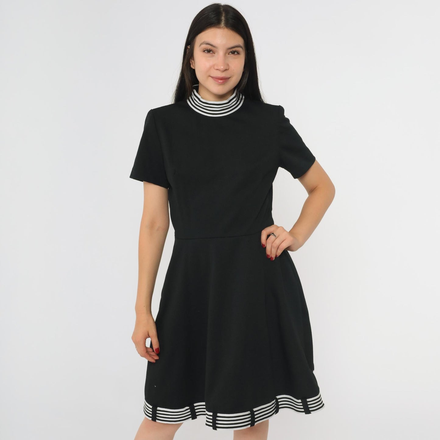 60s Black Mod Shift Dress White Striped Mock Neck Mini Small S