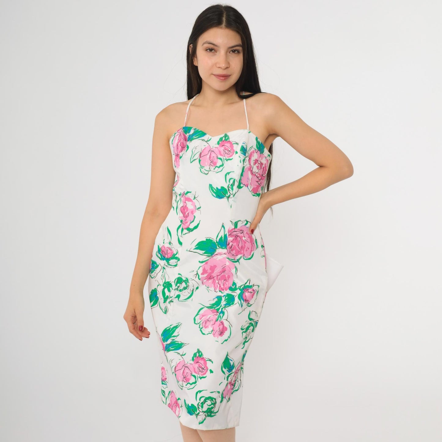 80s White Floral Sweetheart Midi Dress Pink Green Bow Back Small