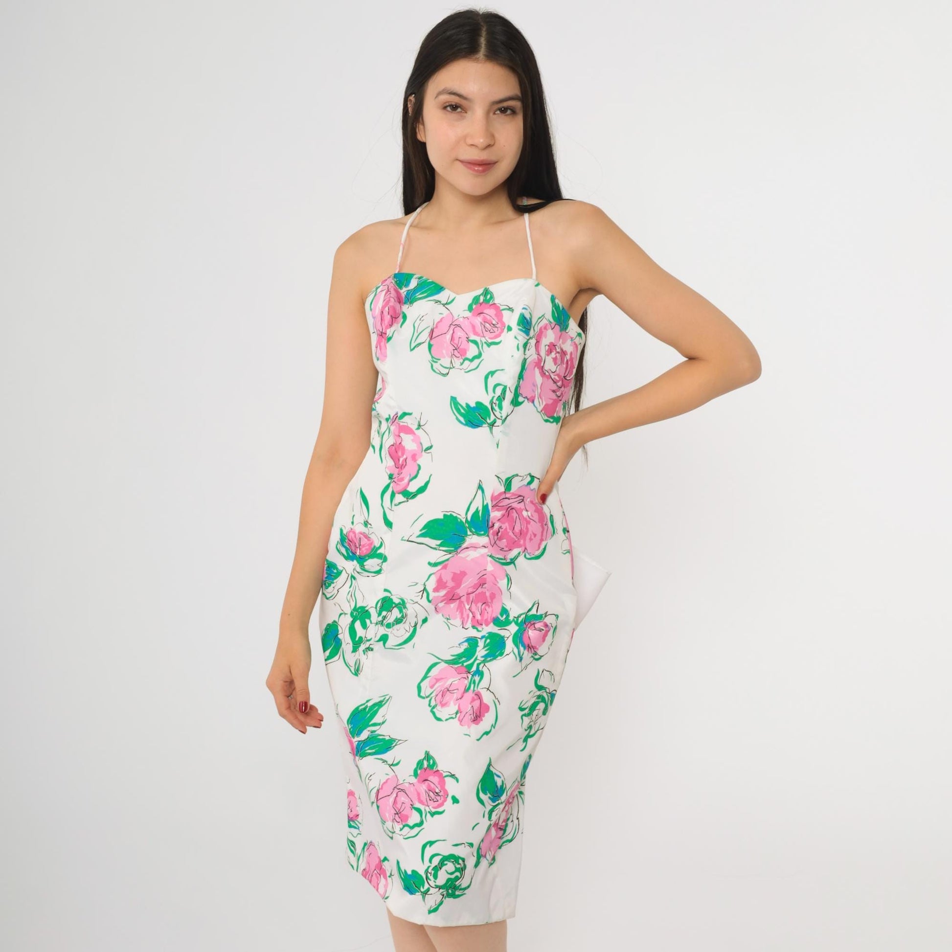 80s White Floral Sweetheart Midi Dress Pink Green Bow Back Small