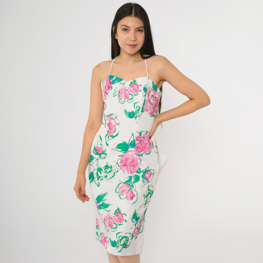 80s White Floral Sweetheart Midi Dress Pink Green Bow Back Small
