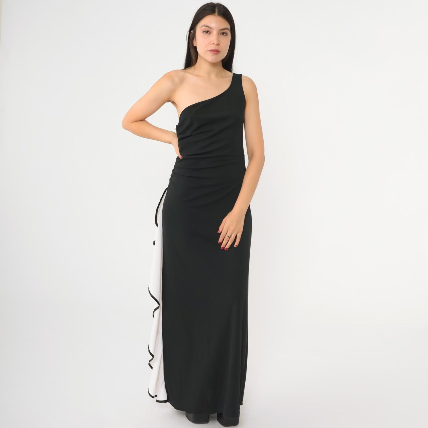 Y2K Black One-Shoulder Maxi Dress White Ruffled Column Bodycon Small