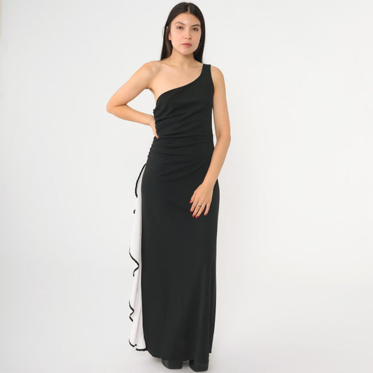 Y2K Black One-Shoulder Maxi Dress White Ruffled Column Bodycon Small