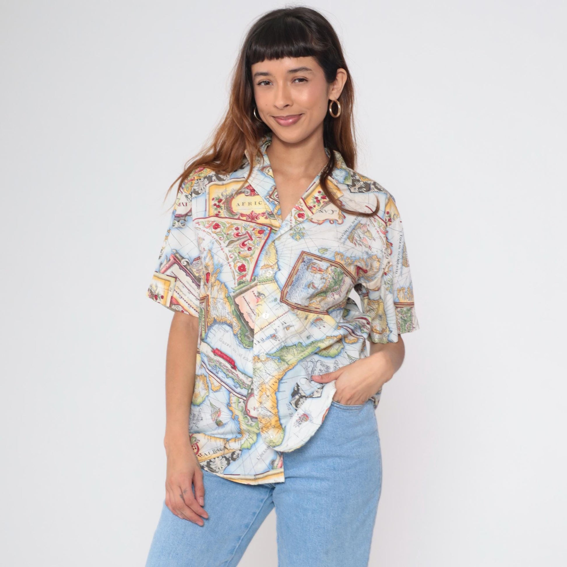 90s Lizwear Africa Map Print Cotton Button Up Shirt Small S