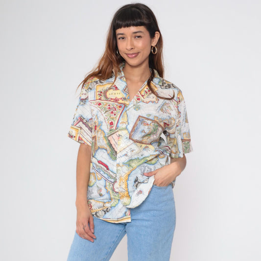 90s Lizwear Africa Map Print Cotton Button Up Shirt Small S