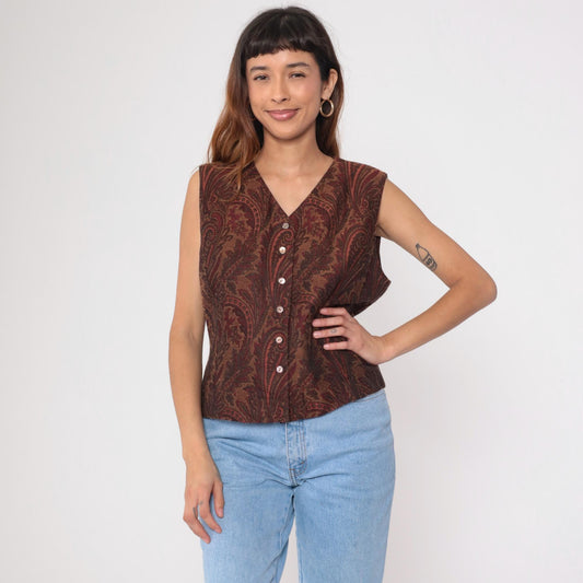 90s Liz Claiborne Paisley Jacquard Vest Button-Up V-Neck Burnt Orange Large