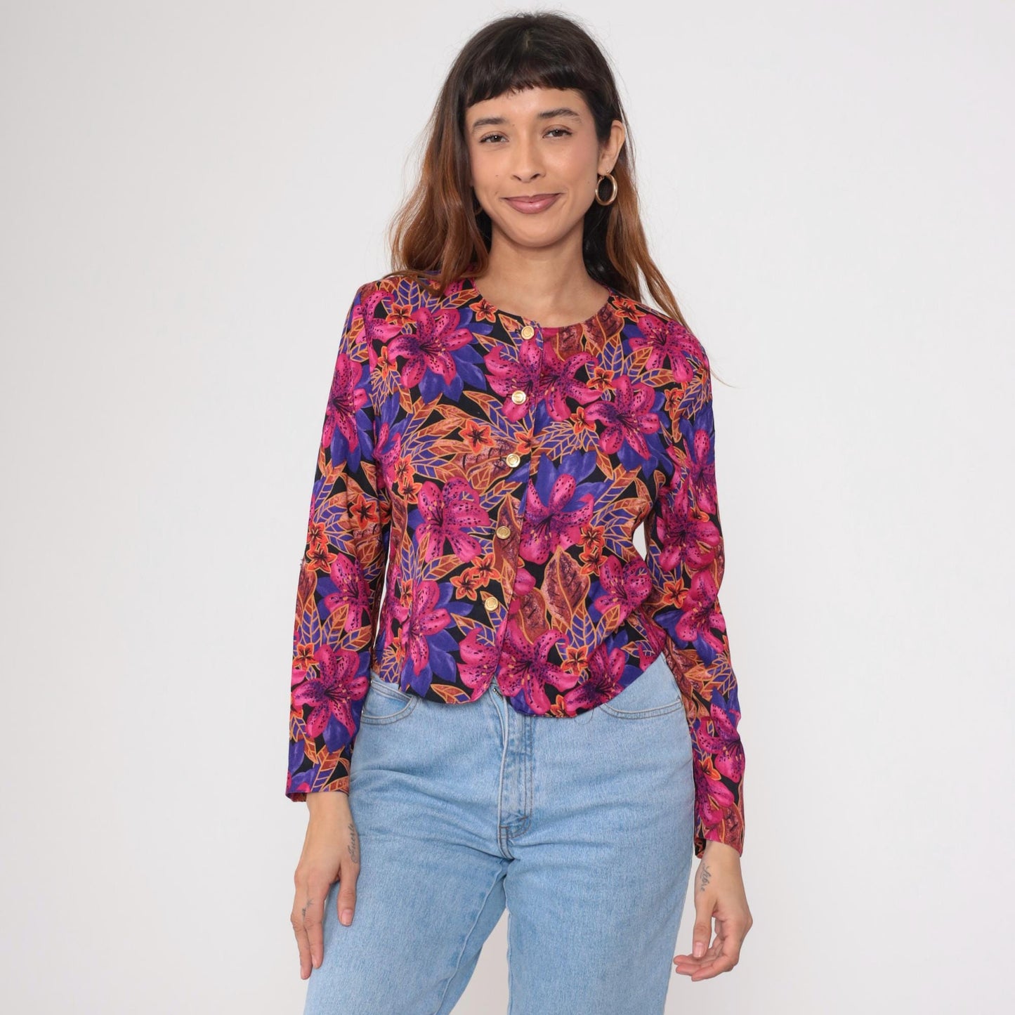 80s Norton McNaughton Tropical Floral Button-Up Blouse Fuchsia Small