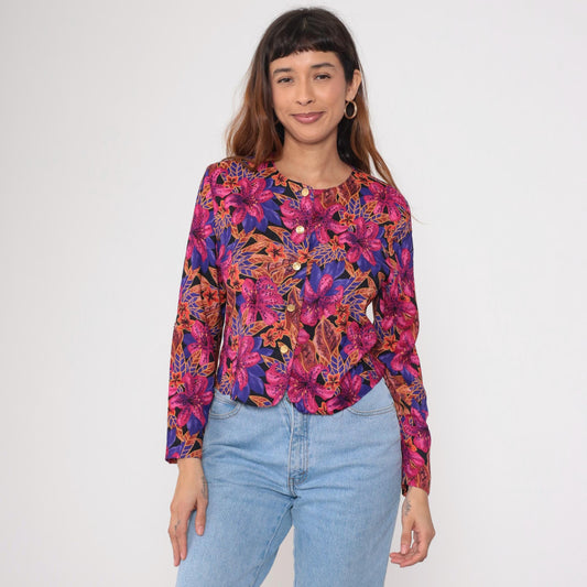 80s Norton McNaughton Tropical Floral Button-Up Blouse Fuchsia Small