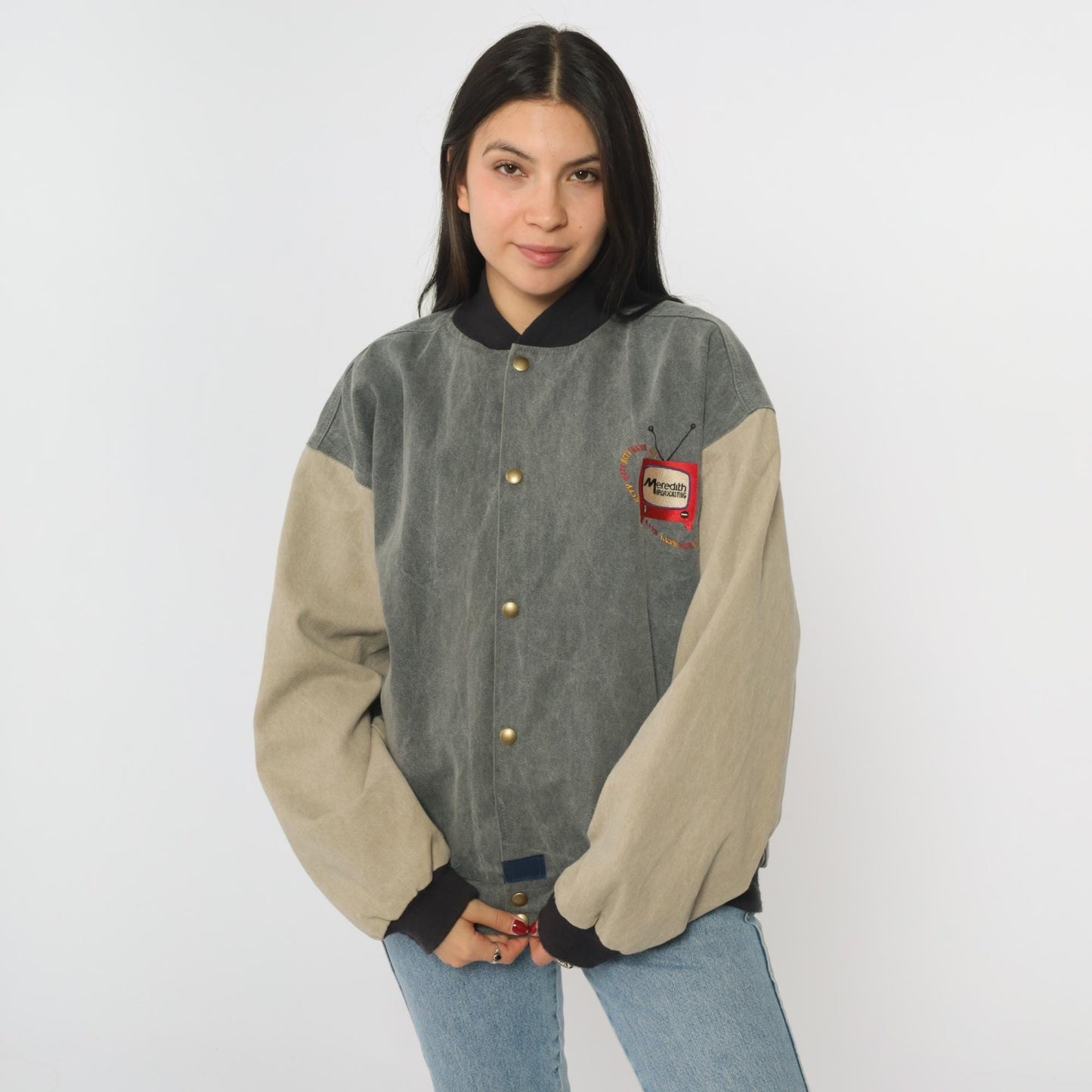 90s Meredith Broadcasting Bomber Jacket Canvas Colorblock Grey Medium