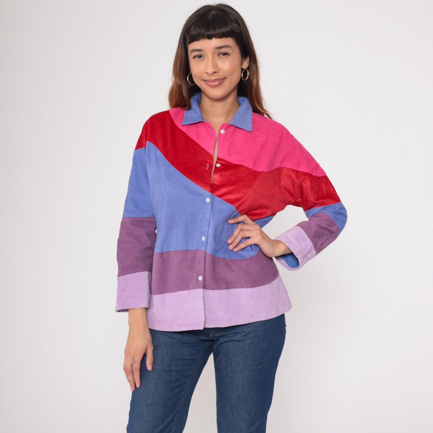 70s Corduroy Color Block Button Up Blouse Pink Purple Red Long Sleeve Large L