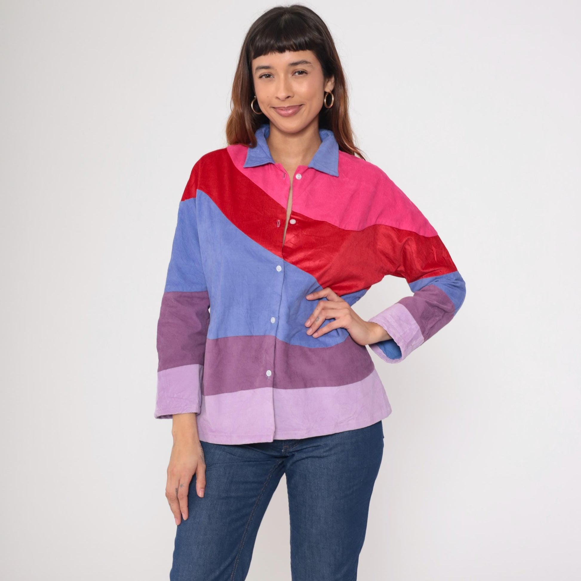 70s Corduroy Color Block Button Up Blouse Pink Purple Red Long Sleeve Large L