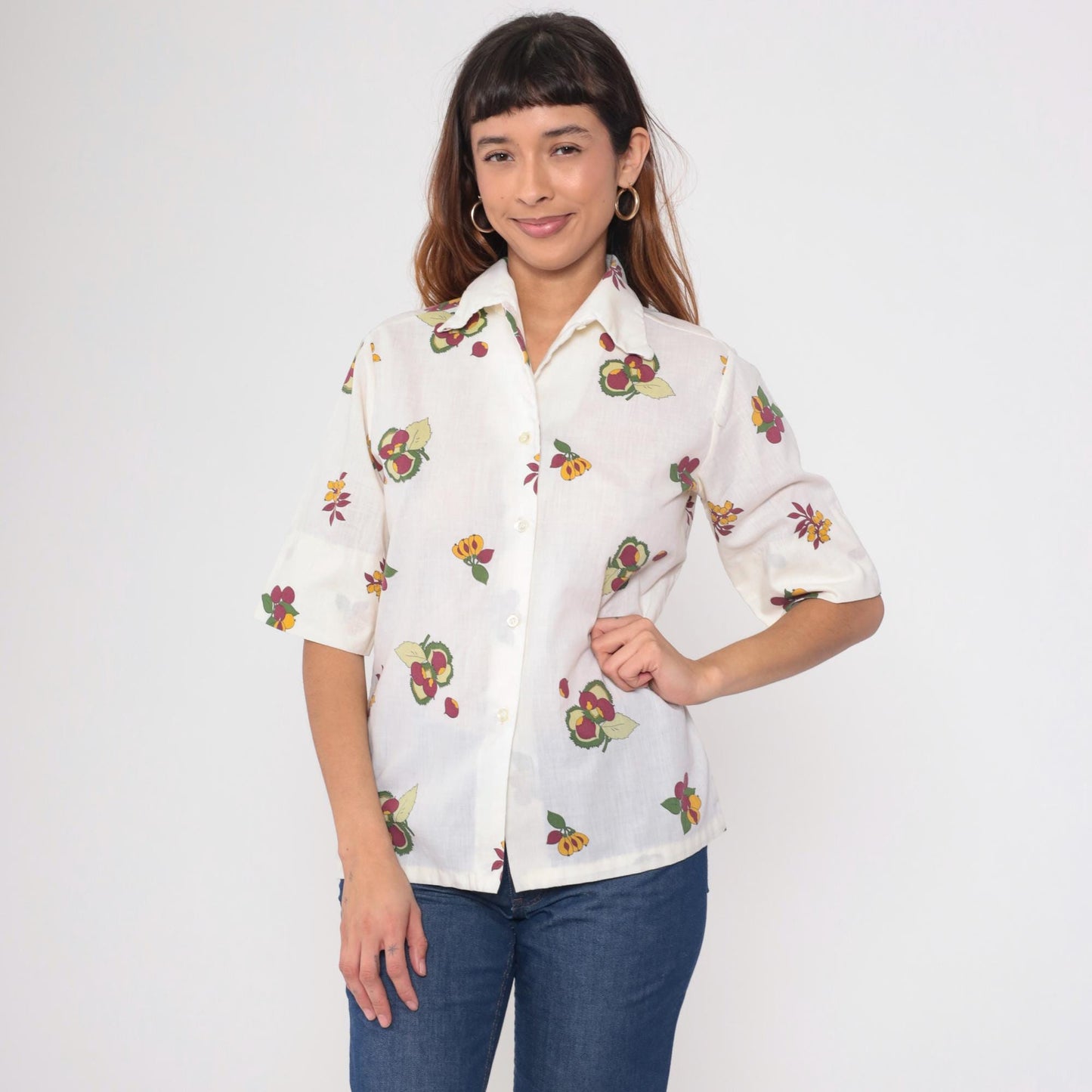 70s Laura Mae Fruit Print Button Up Blouse White Chestnut Medium