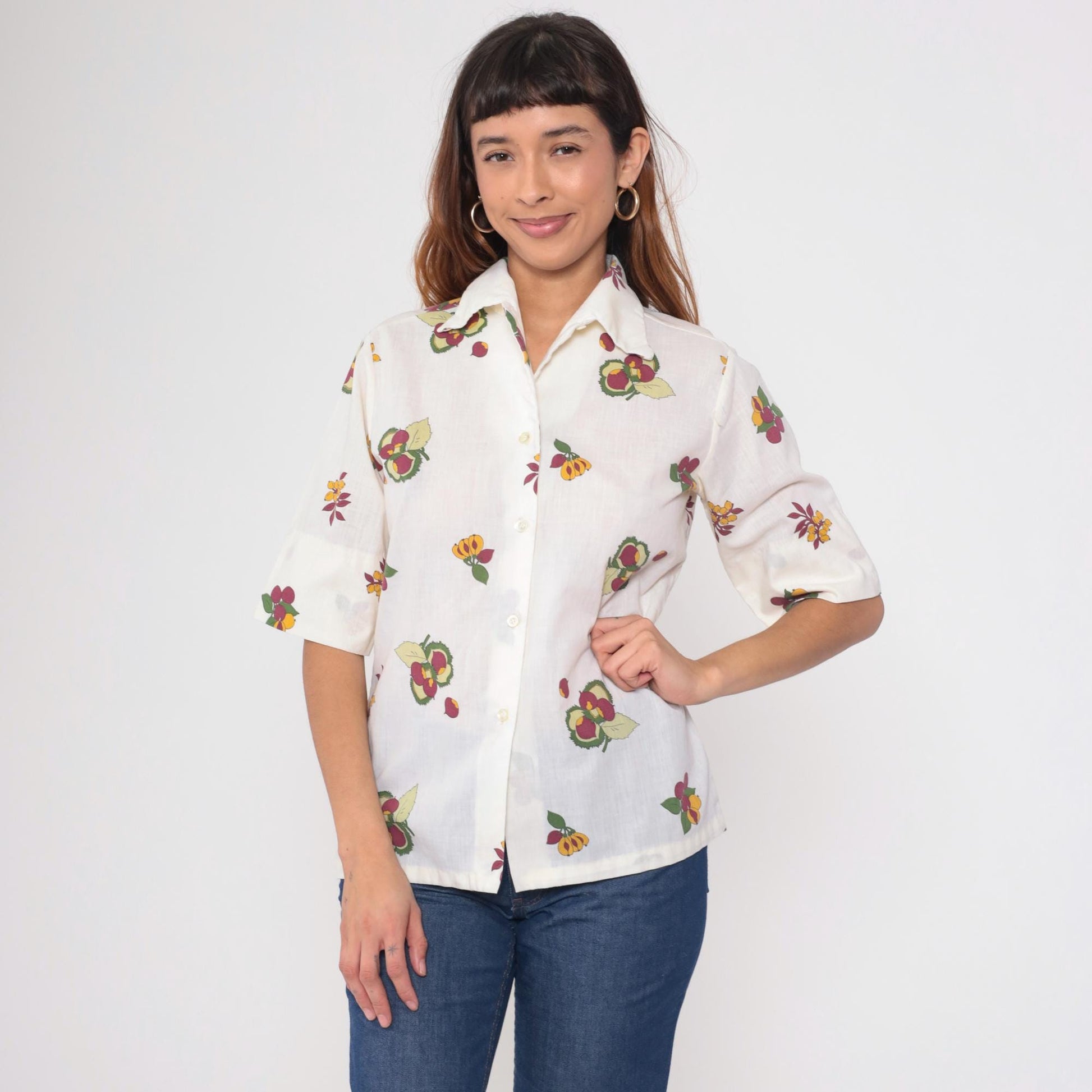 70s Laura Mae Fruit Print Button Up Blouse White Chestnut Medium