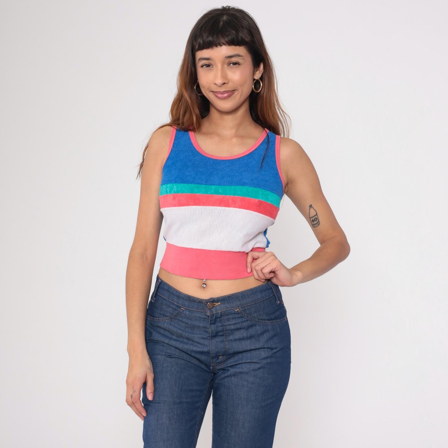 80s Terrycloth Tank Top Striped Blue Coral Mesh Ringer Crop Extra Small