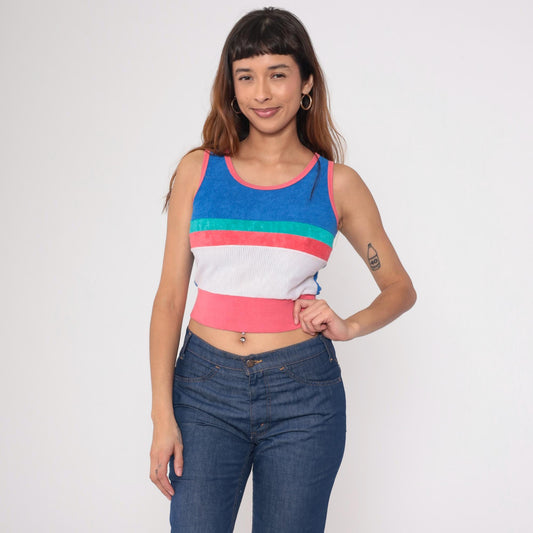 80s Terrycloth Tank Top Striped Blue Coral Mesh Ringer Crop Extra Small