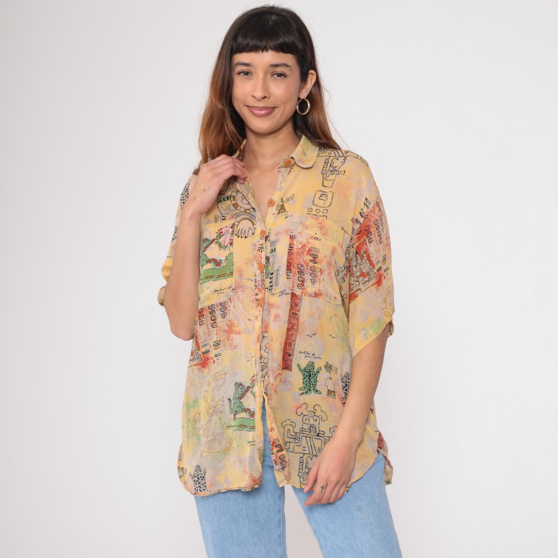90s Aztec Print Button Down Shirt Yellow Abstract Figures Medium