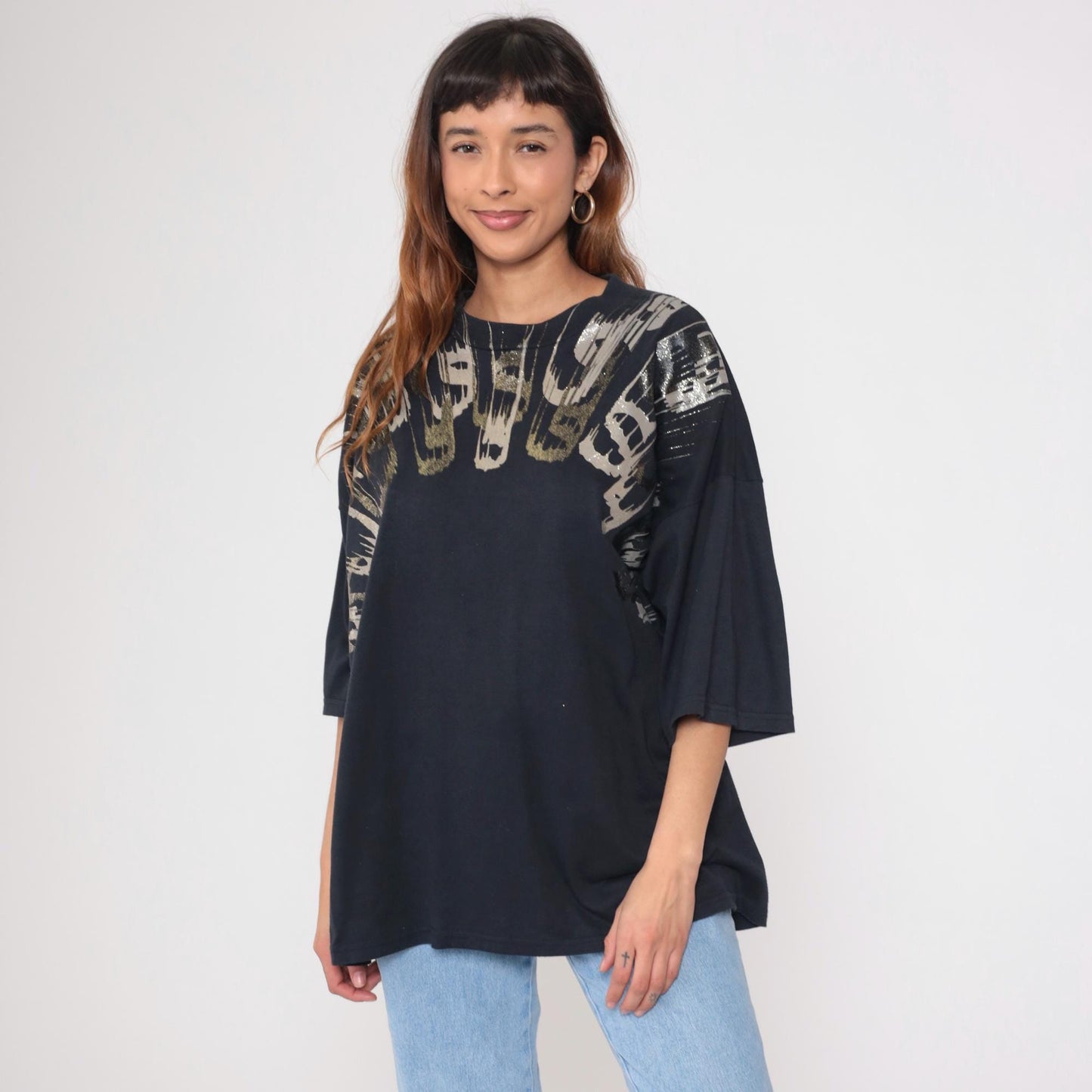90s Metallic Paint Splatter Graphic Tee Black Abstract One Size