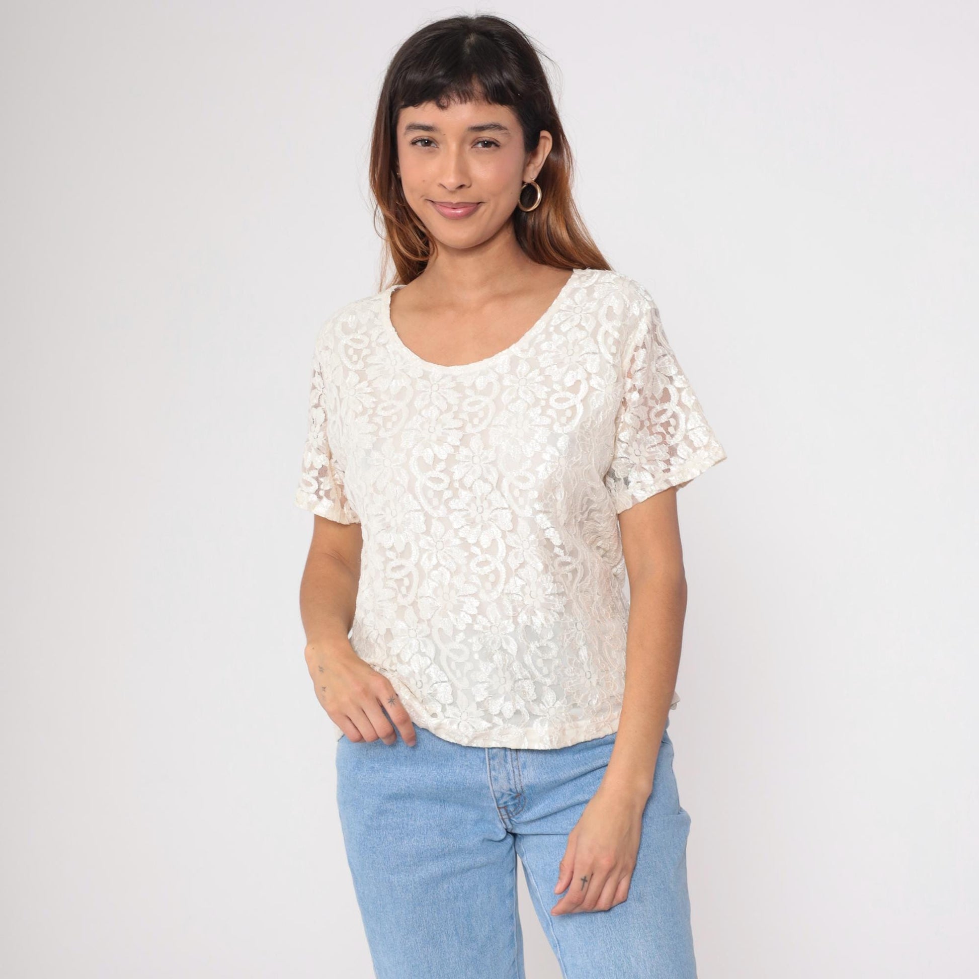 90s Cream Lace Blouse Sheer Sleeve Scoop Neck Party Top Large L