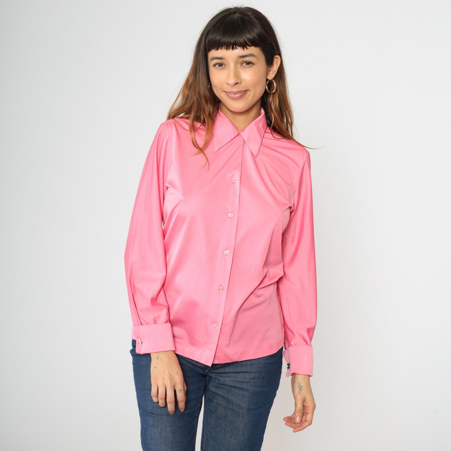 70s Shiny Pink Dagger Collar Button-Up Shirt Long Sleeve Cufflinks Medium M