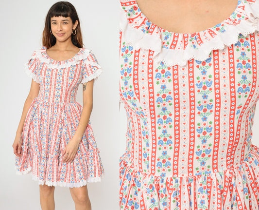 70s Floral Bird Print Prairie Dress White Mini Tiered Lace Small
