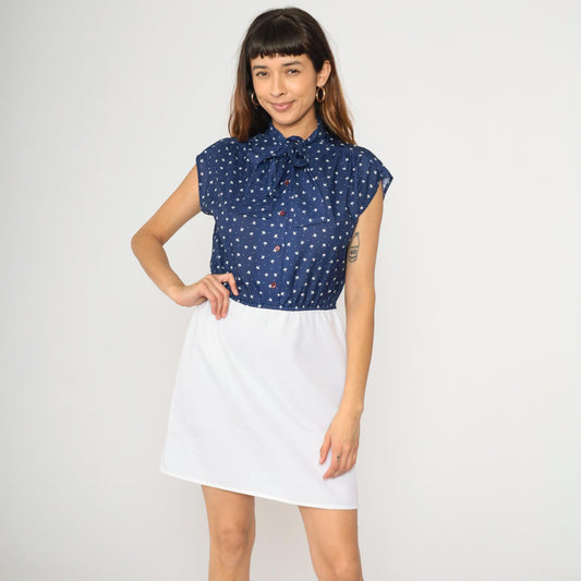 70s Two-Tone Mini Dress Navy White Ascot Bow Cap Sleeve Button Front Medium