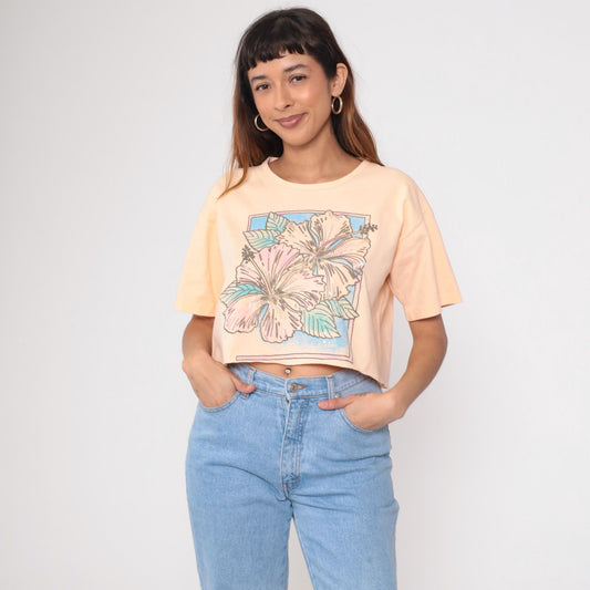 90s Anvil Tropical Floral Crop Tee Peach Hibiscus Raw Hem Medium
