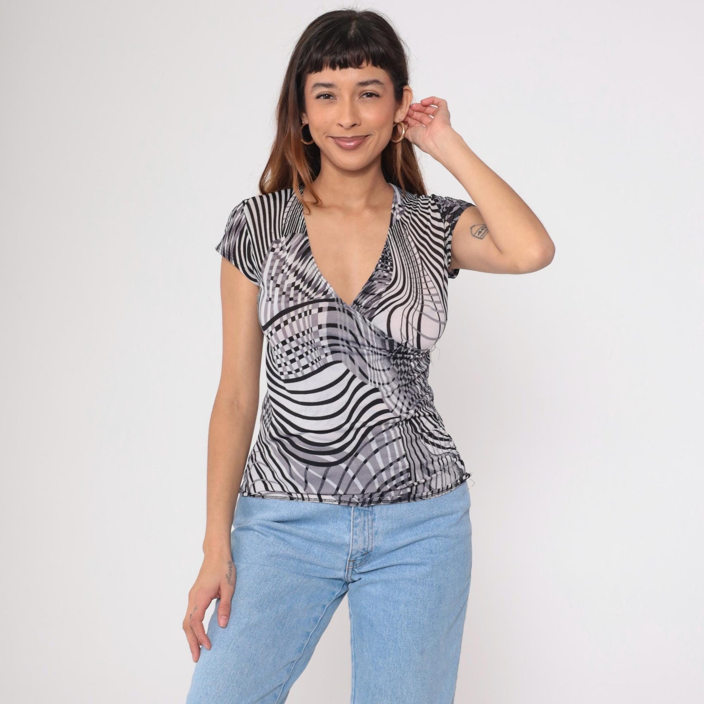 Y2K Op Art Striped Faux Wrap Top Deep V Neck Black Grey White Large L