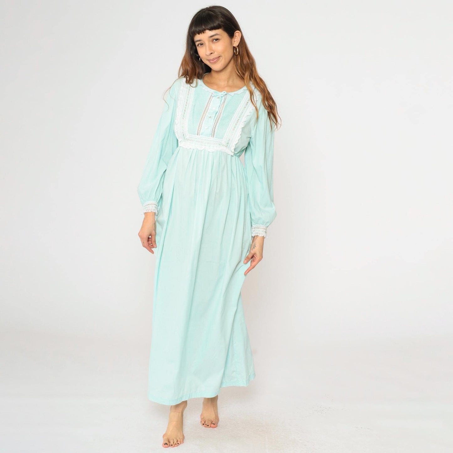 70s Barbizon Mint Blue Featherlite Maxi Nightgown Empire Waist Lace Medium