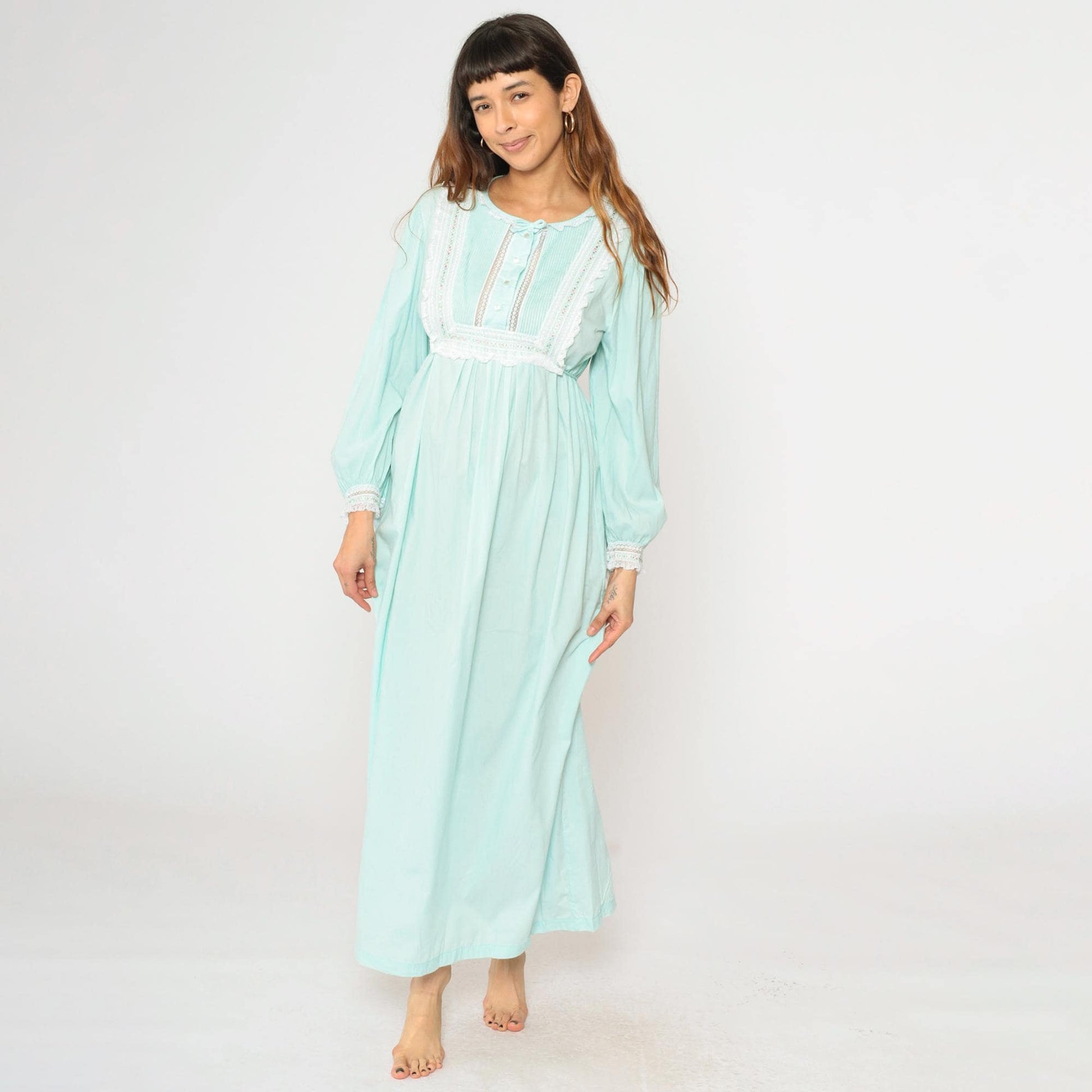 70s Barbizon Mint Blue Featherlite Maxi Nightgown Empire Waist Lace Medium