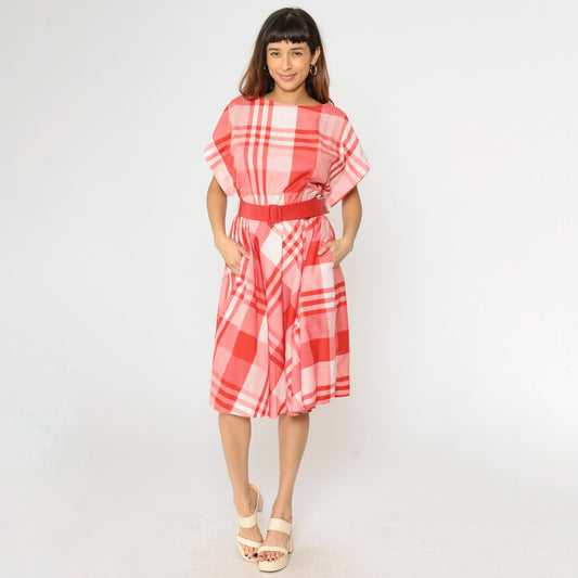80s Red Plaid Midi Dress High Waisted Belted Cap Sleeve Medium M