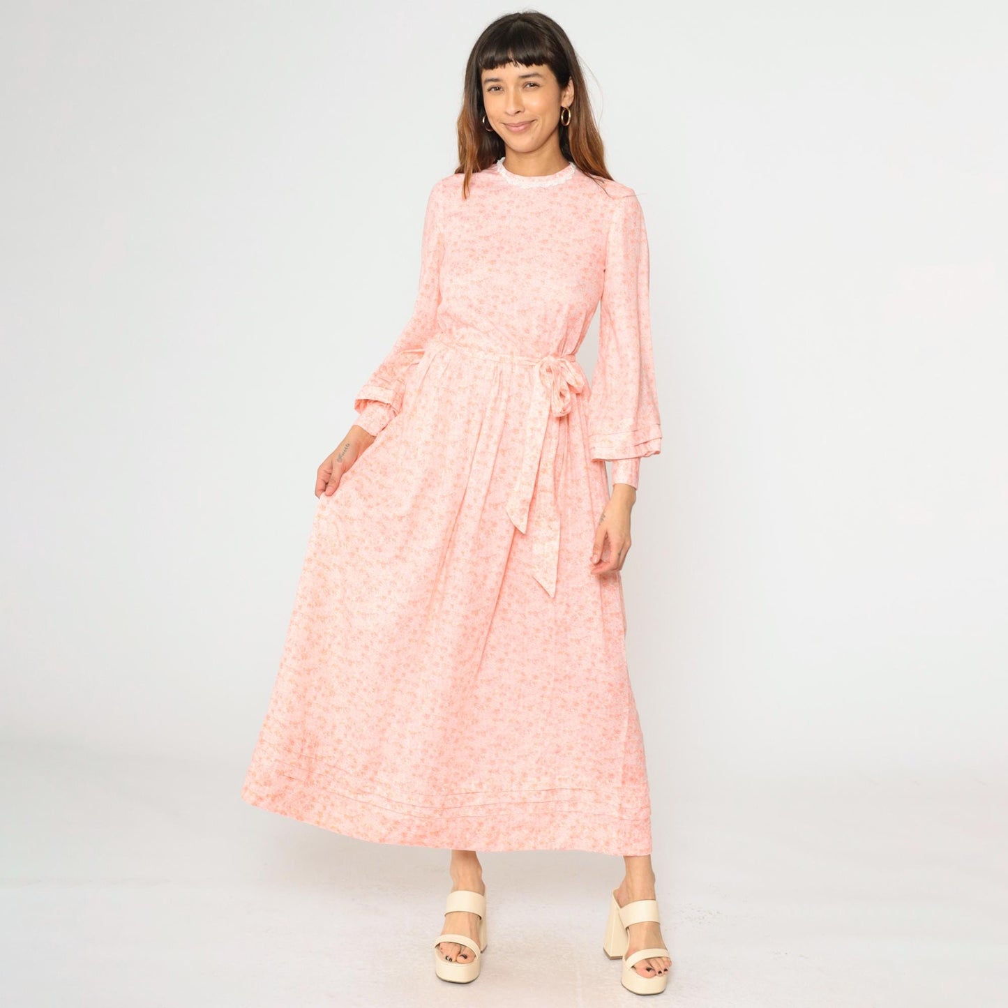 70s Peach Pink Floral Maxi Dress High Waist Long Sleeve Lace Trim Small
