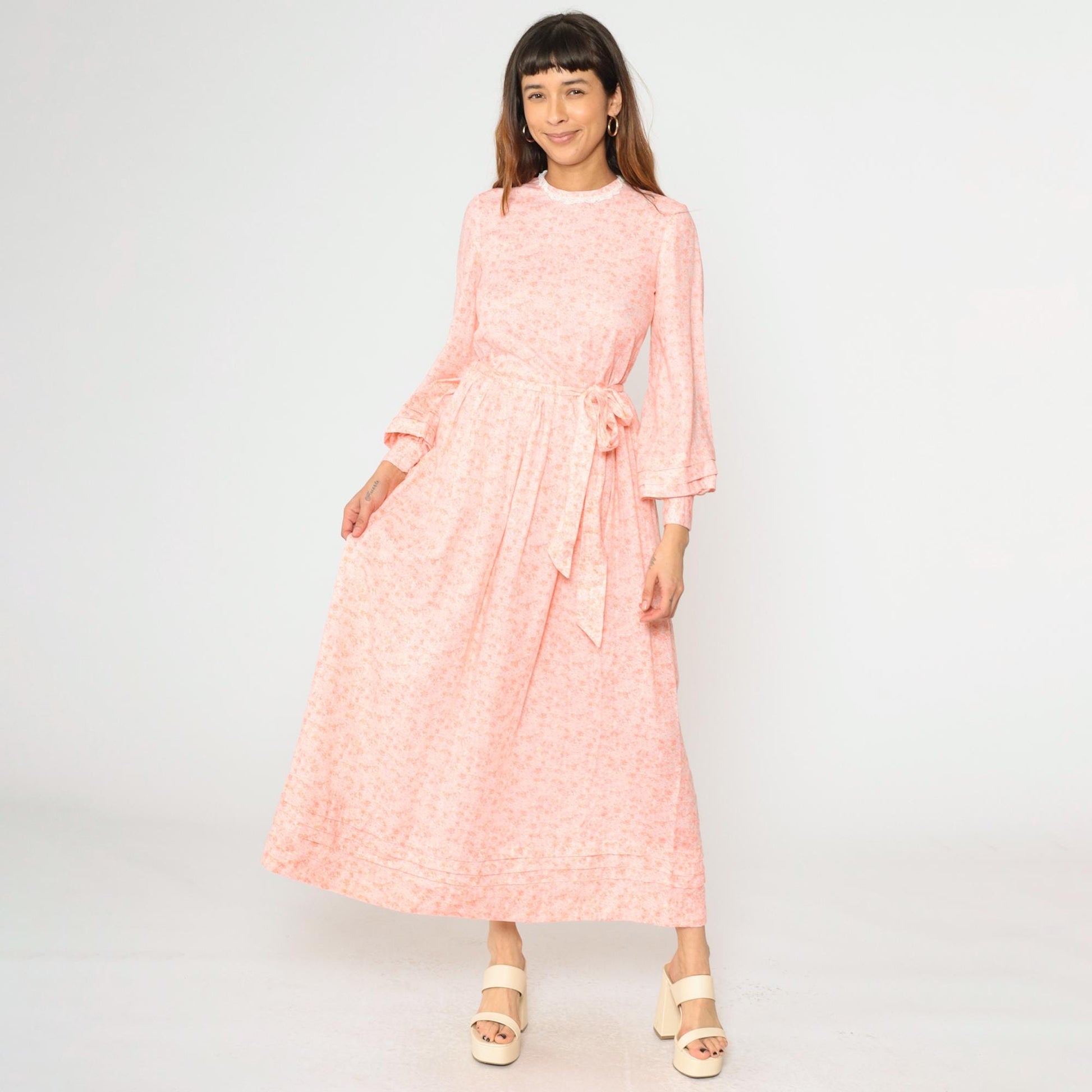 70s Peach Pink Floral Maxi Dress High Waist Long Sleeve Lace Trim Small