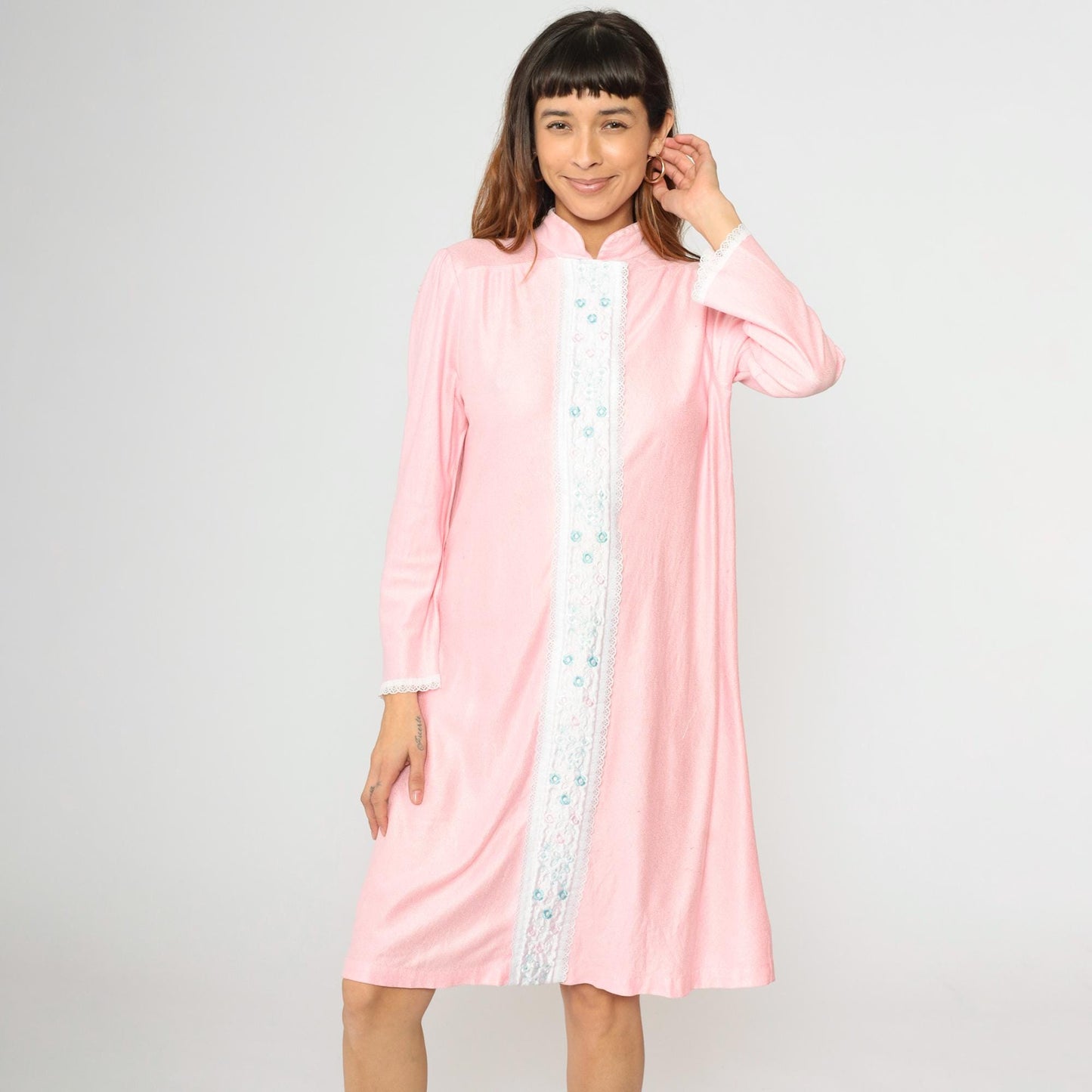 80s Baby Pink Floral Embroidered Nightgown Midi Lace Puff Sleeve Medium M