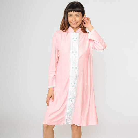 80s Baby Pink Floral Embroidered Nightgown Midi Lace Puff Sleeve Medium M