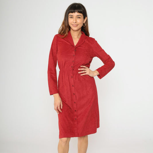 70s Red Velour Midi Shirtdress High Waist Button Front Long Sleeve Small