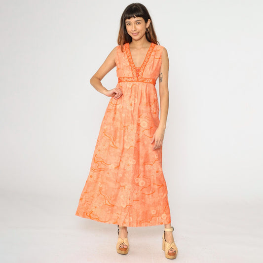 70s Orange Floral Beaded Maxi Dress Empire Waist V Neck Sleeveless Medium