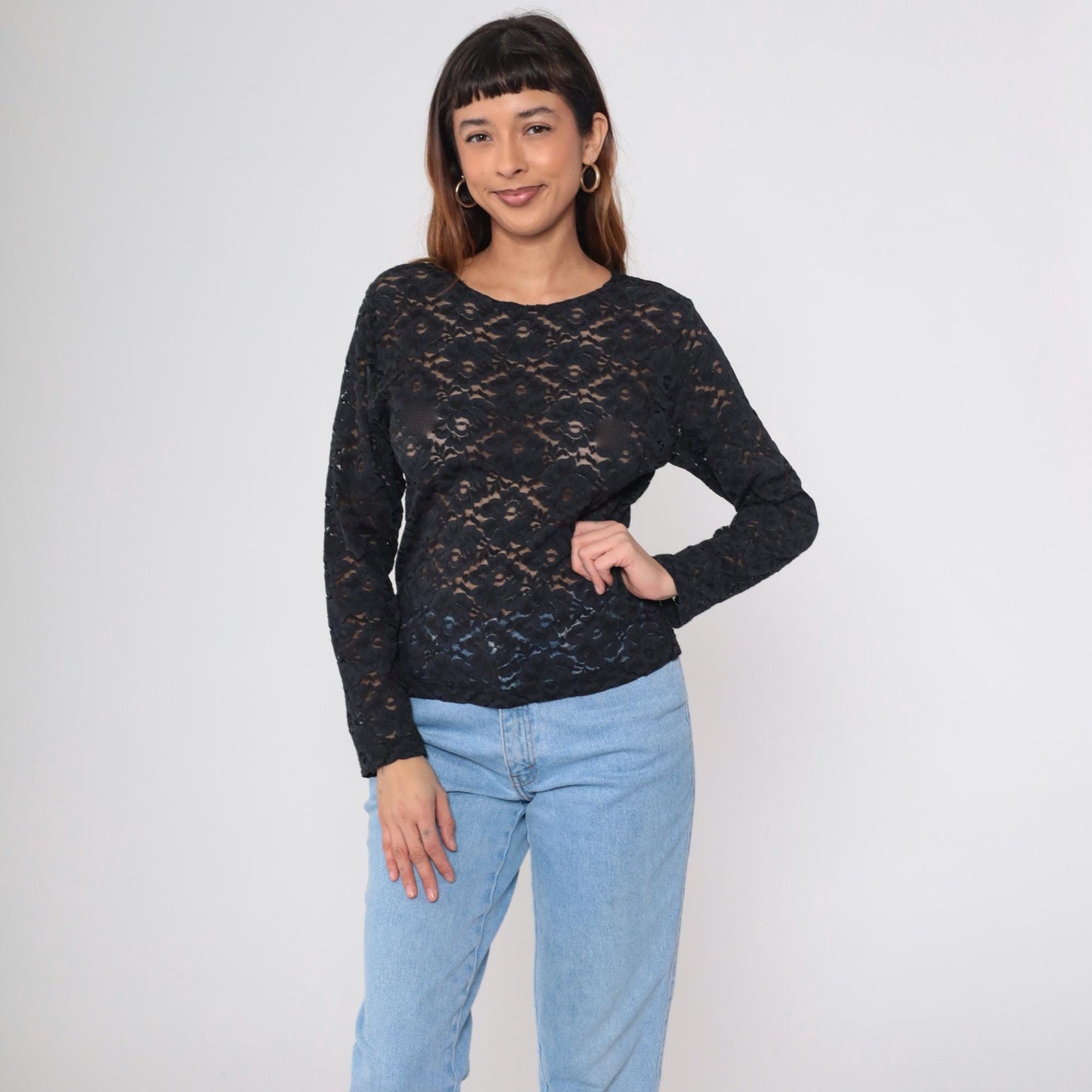 90s Sheer Black Floral Lace Long Sleeve Blouse Small S