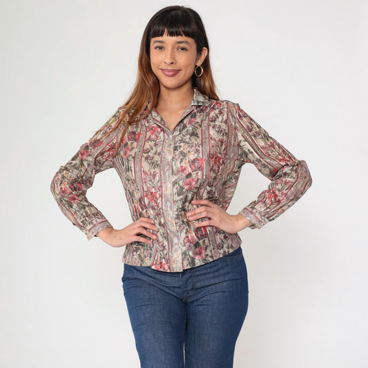 80s Beverley of California Striped Floral Button-Up Blouse Beige Red Medium